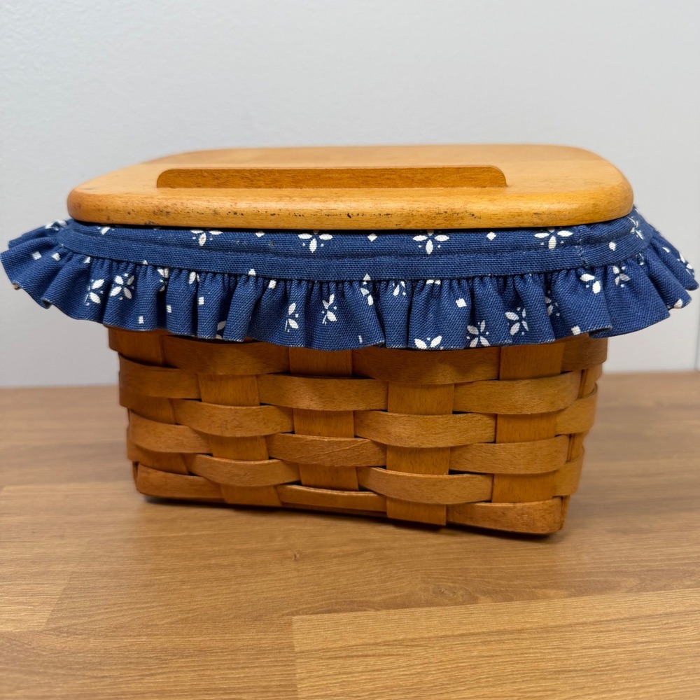 Longaberger Recipe Basket Wood Lid Blue Floral Liner Plastic Protector